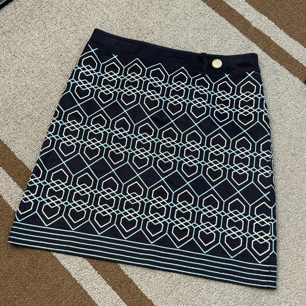 - Ann Taylor Embroidered Geometric A-Line Skirt Navy Blue Career US 10   - I1902